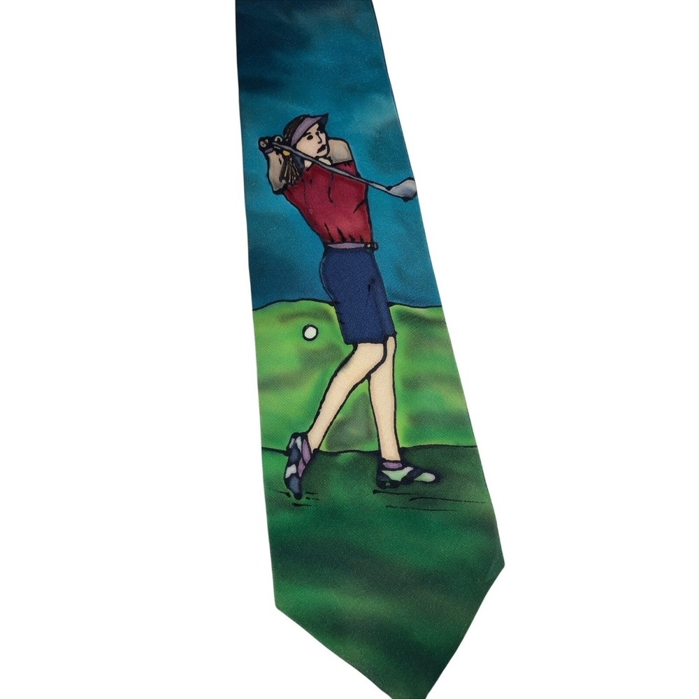 Robert Daskal Hand Painted Silk Golf Tie Sofia Knegt Soubal Green Blue Novelty